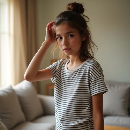 Young girl with dark hair styled in a bun. She wears a striped t-shirt and has a neutral expression. One hand adjusts her hair. Background shows a light domestic interior with natural light creating a warm atmosphere.