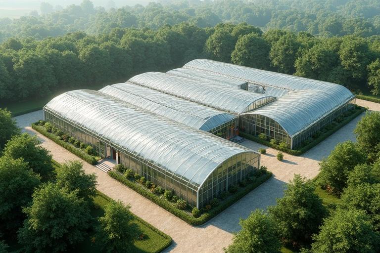 Detailed aerial rendering of a large greenhouse farm with 60 greenhouses each measuring 8 meters by 24 meters. Efficient arrangement of greenhouses with essential infrastructure including a modern office building, spacious storage facility, welcoming farmhouse porch, comfortable staff accommodation for 60, and well-organized pathways and access roads.