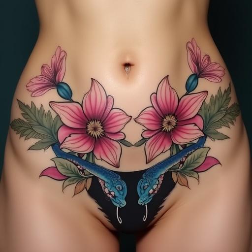 Symmetrical tattoo design on a woman's abdomen. Elegant floral garlands starting from the hips. Clitoria ternatea flower on one side with a snake head on the other. Tattoo flows down to the pubic area. Rich colors and flowing lines. Feminine and sensual composition.