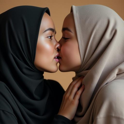 Close-up of two Muslim girls kissing while wearing hijabs. One is in a black hijab and the other in beige. They are in a gentle embrace, showcasing an intimate moment.