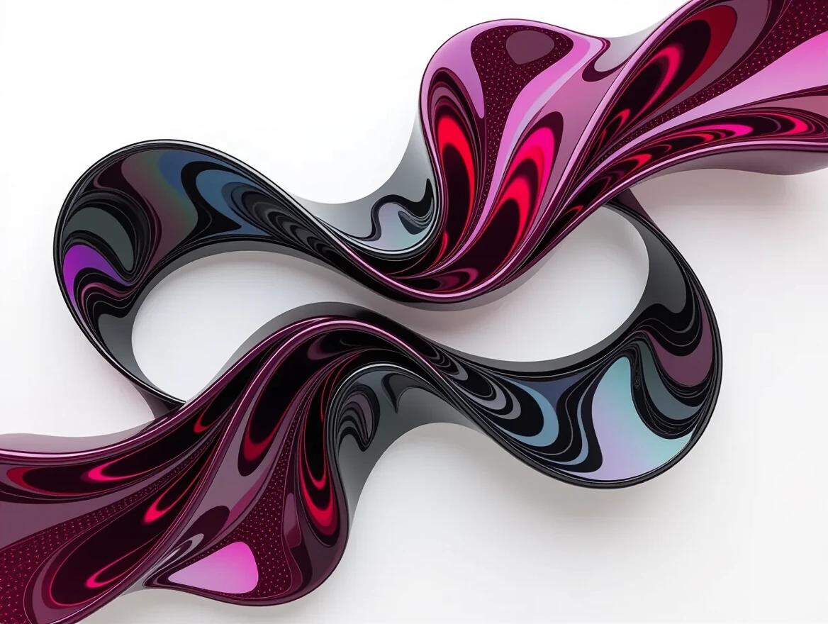 3D abstract image of a flowing ribbon-like structure. Smooth glossy appearance. Gradient transitions from deep red to black to light grey. Set against a plain white background. Subtle shading and shadows enhance curved form. Iridescent ceramic tile and glass mosaic texture. Ethereal and abstract.