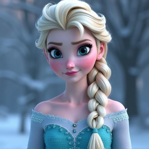Realistic depiction of Elsa inspired by Disney. Character has white braided hair in elegant style. Wears a stunning blue gown with shimmering details. Background shows a snowy landscape. Soft lighting enhances the magical effect.