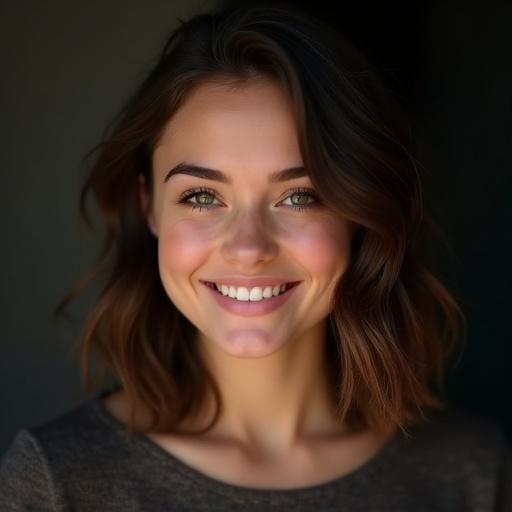 Full body portrait of a smiling young woman resembling Cassandra Nix. Asymmetrical hairstyle with medium-length tousled brown hair on the left and an undercut on the right. Minimal makeup and warm skin tone with subtle dimples. Soft studio lighting highlights facial contours. Dark blurred background creates focus on the expression. Direct gaze with a genuine smile.