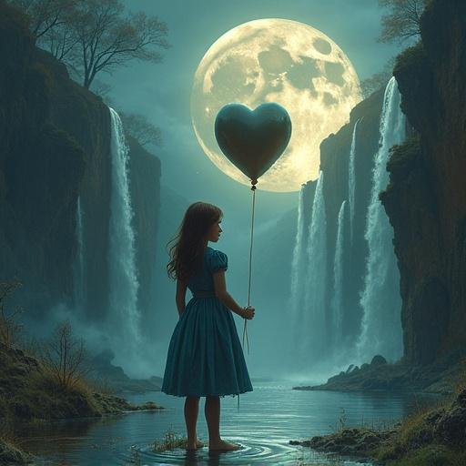 A girl in a blue dress stands in water with a heart-shaped balloon. Waterfalls cascade in the background under a large moon. The scene is serene and magical.
