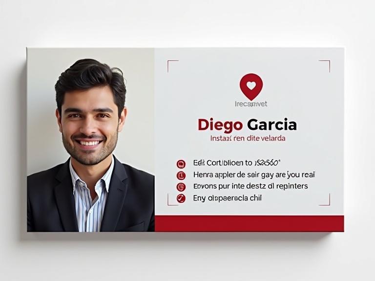 Design a personal card with fictional data. Include a fictional profession and appealing logo or initials. Name should be typical like Diego Garcia. Make it elegant, professional, and attractive with profession-related image. Card should be horizontal, appearing without background.