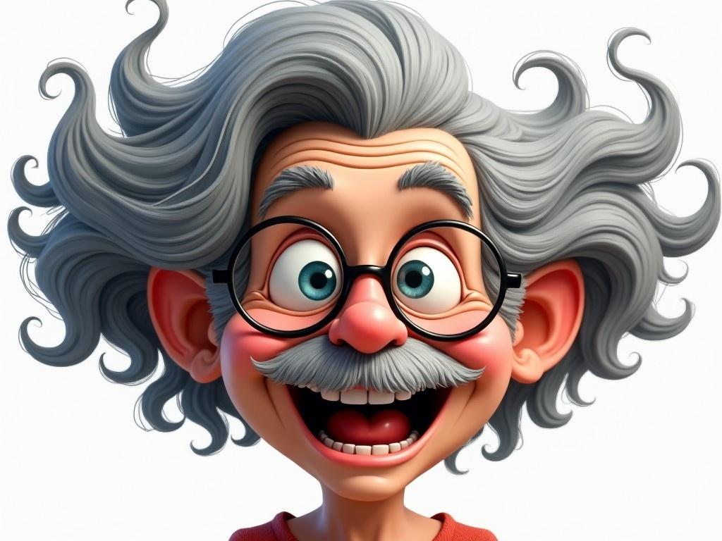 This image depicts a cartoonish elderly character illustrated from a slightly elevated front angle. She has voluminous, wild gray hair styled in large loops, creating a dynamic and whimsical feel. The face features deep wrinkles and thick eyebrows framing bright, wide-open blue-green eyes. Round black glasses sit high on her nose, enhancing her scholarly look. With a thick, curly white mustache and a broad smile showing white teeth, the character exudes joy and friendliness. The overall skin tone is light peach, contributing to her aged yet vibrant appearance.