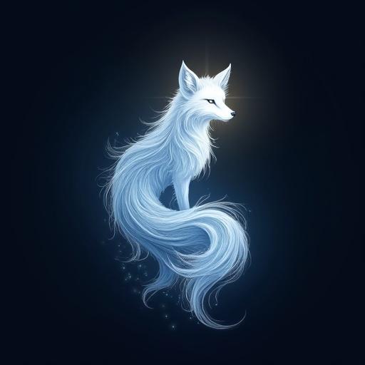 Sacred emblem of a Cloud Fox entity. Fine line art. Glows with white and sky blue. Centered on charcoal background. Wispy cloud-like fur. Flowing tail incorporates wind currents. Central star or swirling cloud orb focal point. Minimalist design with tribal elegance. Square format with clean lines and luminous detail.