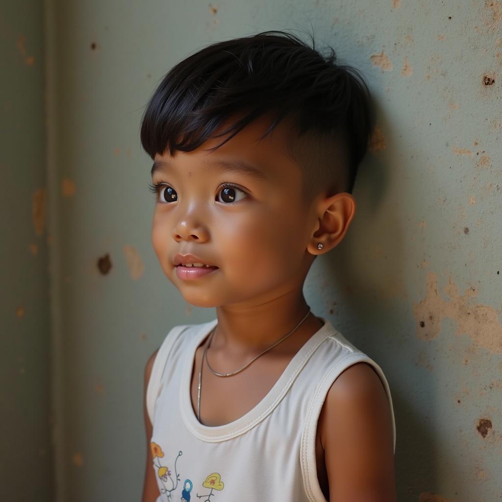 A boy with brown skin and a square face. He is standing against a wall. He wears a sleeveless white shirt with colorful designs.