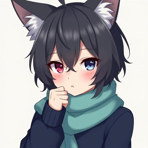Create an anime-style character with heterochromatic eyes. One eye is red and the other is blue. The character has large pointed ears resembling those of a wolf or fox. They have short messy dark gray hair. The character wears a dark blue sweater and a light teal scarf. They show a thoughtful expression with a hand near their chin. The background is simple and neutral. The mood is introspective and slightly mysterious with soft lighting.