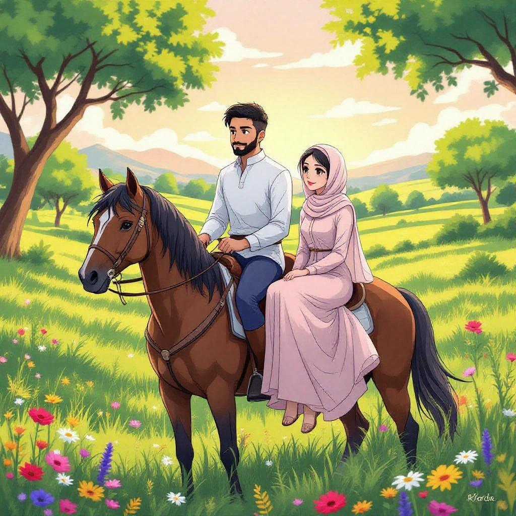Anime-style illustration showing a romantic moment between a couple. A man riding a brown horse with a woman sitting side-saddle in a lush green landscape. The scene is serene and peaceful with colorful wildflowers and golden sunlight.