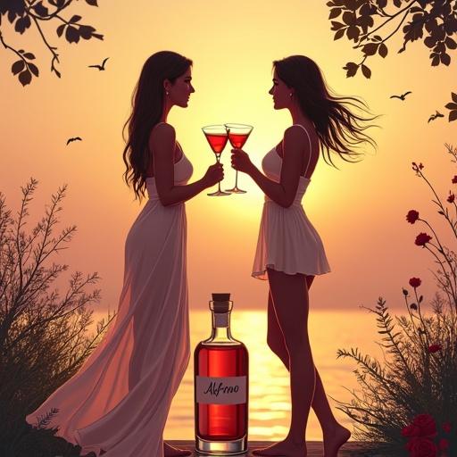 Two silhouetted women enjoying cocktails at sunset. They wear light, silky dresses fluttering gently in the wind. They are toasting with cocktail glasses, radiating warmth and relaxation. An apothecary-style bottle labeled 'ALFRUNO' sits prominently on a rustic wooden surface with a cork lid. The scene includes roses, herbs, and wildflowers. A luxurious garden setting adds an atmosphere of indulgence.