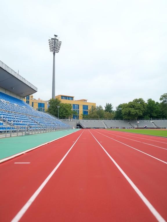 Photograph of an empty outdoor track and field stadium during daytime. Bright sky with an overcast lighting. Tall floodlight pole in the center. Red running track with white lane markings. Blue stadium seats on the left side and metal railings. Yellow and blue building in the background with green trees. Modern architecture with a clean and well-maintained look. No people visible. Slight tilt in perspective looking down the track.
