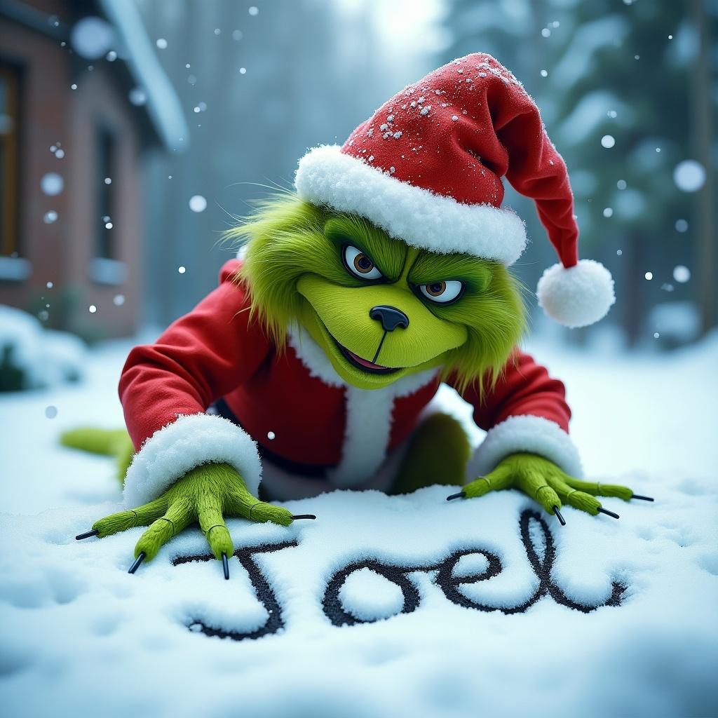 Grinch in a Santa suit writes 'Joel' in fresh snow.