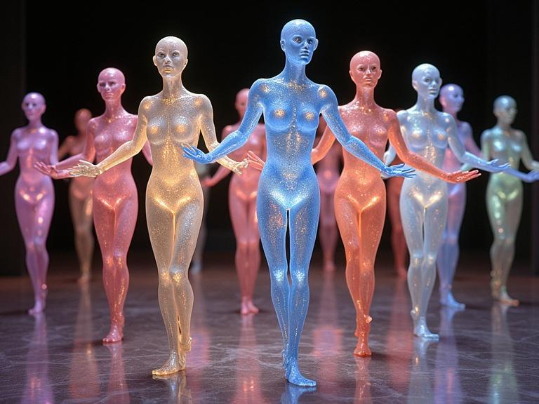 Many anthropomorphic glass and crystal musical notes doing a choreographed dance routine, metallic luminescent, each musical note has an inner glow of different colors, open legs and hands outstretched.