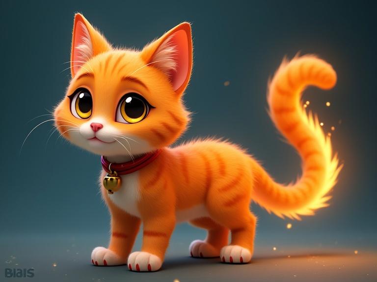 A scene featuring Tango the Tabby. Tango is a vibrant neon-orange cat with faint galaxy-like speckles. The cat has large golden-yellow eyes and an extra-fluffy glowing tail. It wears a frayed red collar with a tiny bell. The character showcases a playful personality in a 3D rendered style.