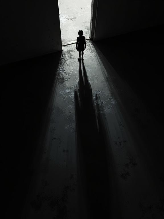 A dark abstract illustration featuring a silhouette standing with its back towards the light. The silhouette observes its distorted shadow filling the frame. Black background created with rough brush strokes and incomplete textures. The perspective is extreme and overhead.