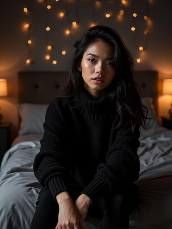 Photo features young woman with bright skin and black wavy hair in black cozy jumper and pants. Woman poses seductively in cozy black bedroom with bright lights and dreamy aesthetic on bed.
