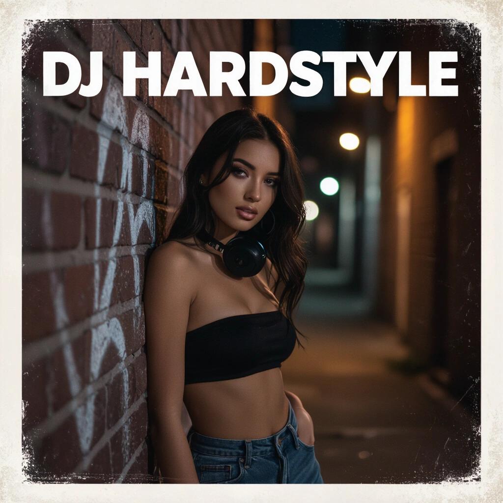 Raw photo depicting a woman leaning against a wall in a dark alley at night. She wears a classy tube top. The image serves as an album cover featuring the text DJ Hardstyle.