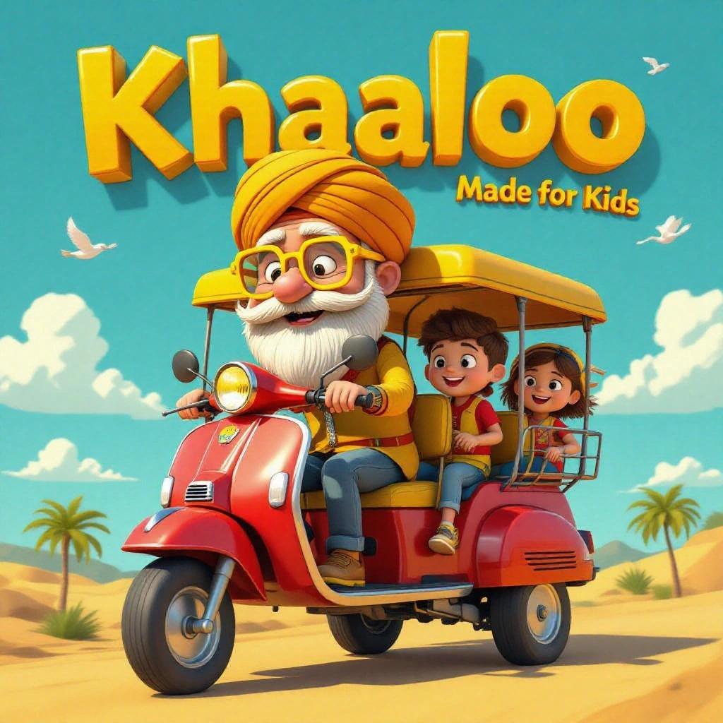 3D character named Khaaloo from Upper Egypt. He is 50 years old. Wearing a turban and yellow glasses. Head out of a red tuk-tuk. Tuk-tuk has children in red and yellow. Cheerful logo style. Words Khaaloo underneath in capital letters. Made for Kids in small letters.