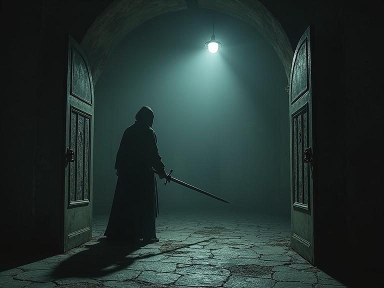 A sword fighter in a dark room. A ghost stands at the door holding a sword and a treasure chest.