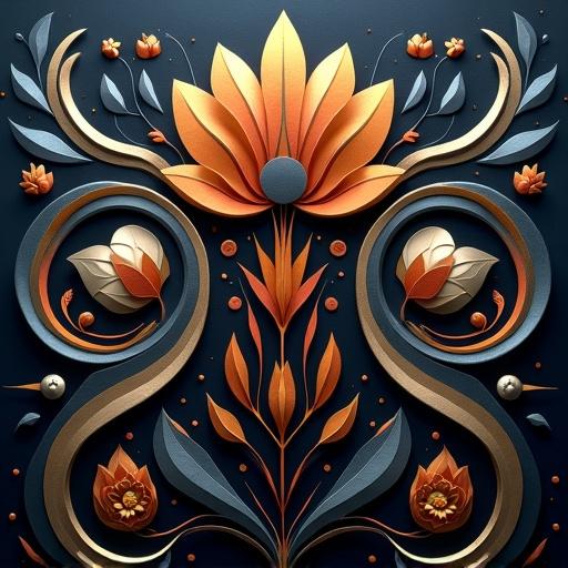 Centered symmetrical design on dark blue to black background. Layered polished appearance. Warm earthy tones gold orange reds. Contrasting cool grays silvers. Metallic sheen smooth surface. Stylized floral element at top center. Curved pointed petals radiating from central dotted circle. Smaller white flowers interspersed. Curving lines extending downwards and outwards. Framing floral foliate elements. Curving stems with small orange flowers. White outlined shapes layered gold interiors white dots. Abstract flourishes. Circular semi-circular lines adding complexity. Two mirrored pointed shapes curving upwards at bottom.