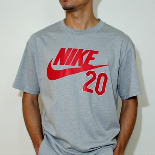 A young adult Japanese male with short hair is wearing a gray t-shirt that features a bold red Nike logo and the number 20 on it. He stands confidently with one hand in his pocket.