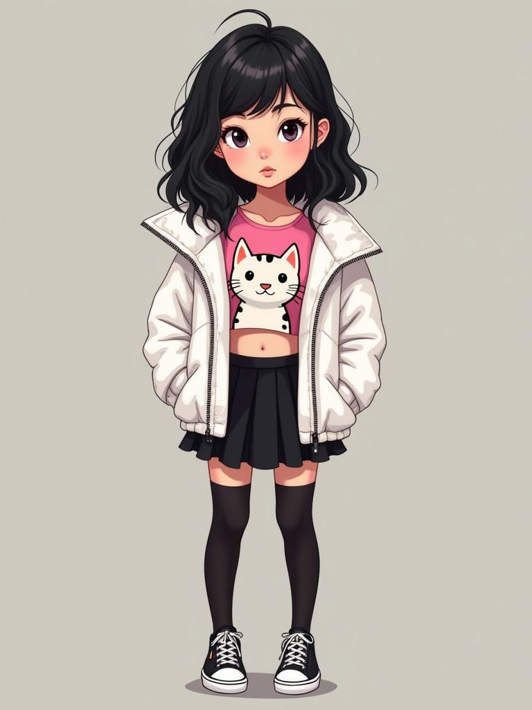 Illustration of a cute Asian teenager with black hair and bangs. Wearing a white open puffer crop top jacket over a pink crop top featuring a cartoon cat. She has a black short skirt and tights, complemented by black and white sneakers. The character has a serious expression.