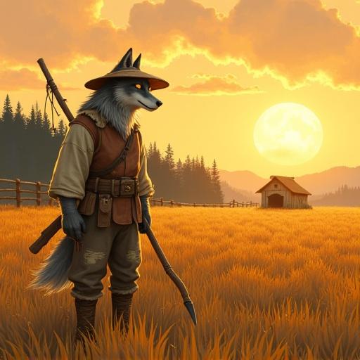 Weathered anthropomorphic wolf peasant stands in a sunlit barley field at golden hour. Character is lean and middle-aged with gray fur streaked with white. Warm amber eyes. Wears a frayed straw hat, patched linen tunic, mud-stained trousers, scuffed boots. Carries a wooden scythe. Background features a small chicken coop, wooden fence, distant dark forest, and faint woodsmoke. Anime key visual with cel-shaded line art, soft textures, and gentle backlighting.