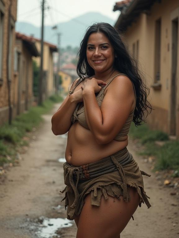Young gypsy female with curvy body. She wears a thick yuta miniskirt and tank. Empty curvy uphill street in eastern Europe. Dirt road with puddles. Dark hair and tanned skin. Happily and shyly stretching her neckline. Feet bare.
