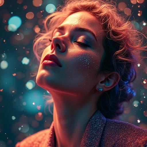 Captivating music album cover featuring a woman with an artistic portrait. Soft colorful lighting. Bokeh effects in the background. Glamorous styling creating a dreamy atmosphere.