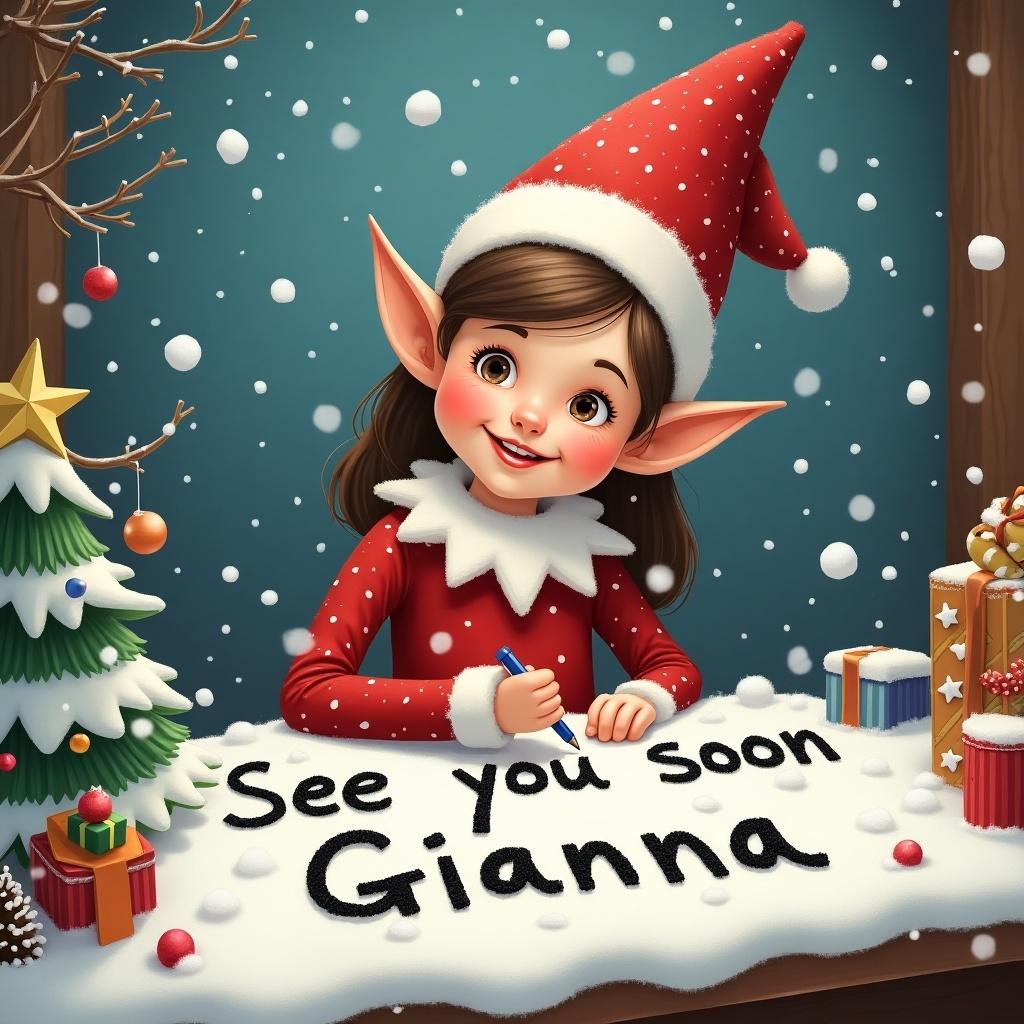 Traditional elf character dressed in red and white writing a message in the snow surrounded by Christmas decorations.