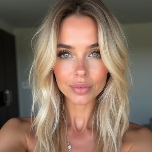 Selfie of a young woman. She has blonde hair and bright eyes. The background is softly blurred. Her makeup is natural with a simple smile.