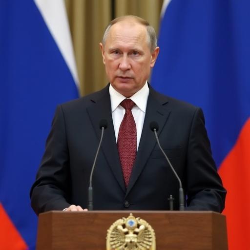 Russian President stands at a podium delivering a speech. Confident posture. Background displays Russian flags. Serious demeanor while addressing a ceasefire proposal.