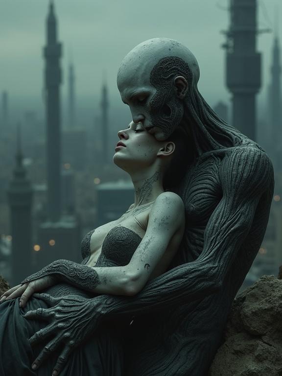 Photograph captures chilling tableau of two deceased figures amid dark futuristic cityscape. Male figure cradles ethereal female. Bodies adorned with intricate dark makeup. Towering biomechanical structures and moody atmospheric sky surround them. Enigmatic embrace evokes emotions.