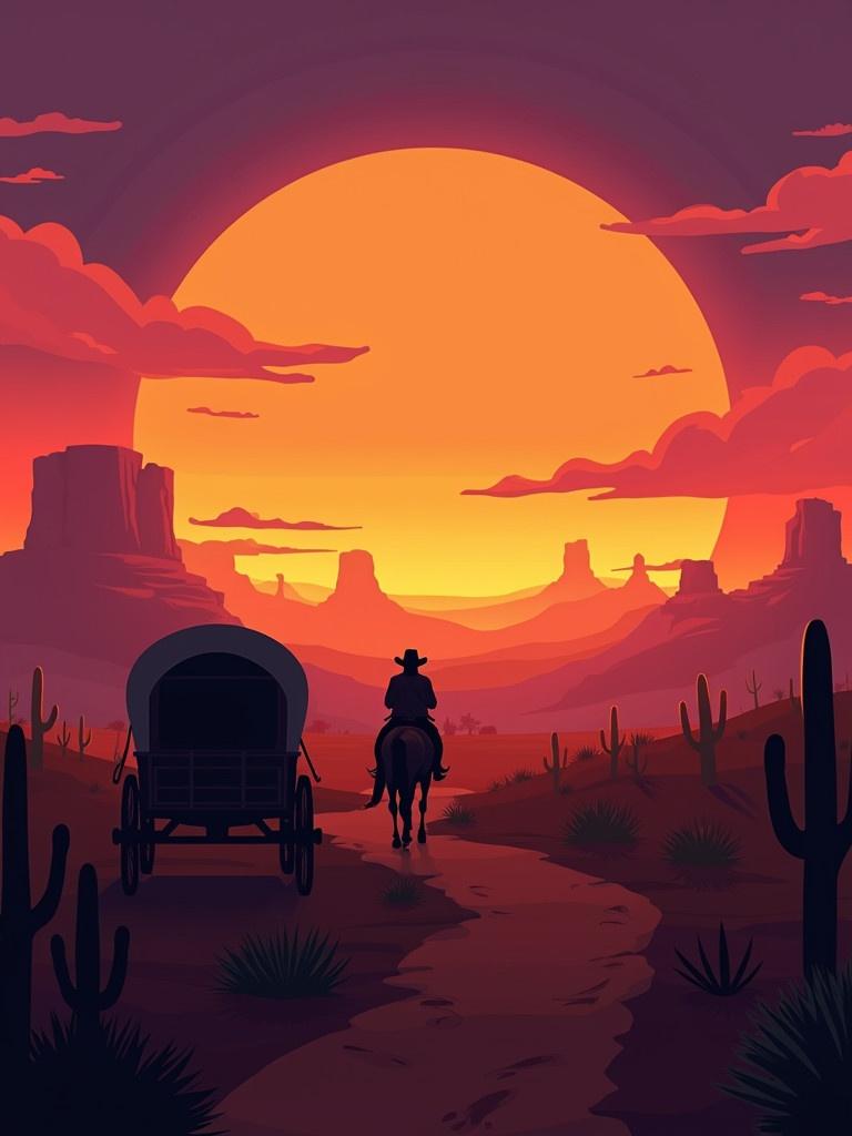 A Wild West landscape featuring a sunset. A cowboy rides on a path. A rustic wagon and cacti are in the foreground. The scene conveys adventure and nostalgia. It evokes freedom and exploration in a serene setting.