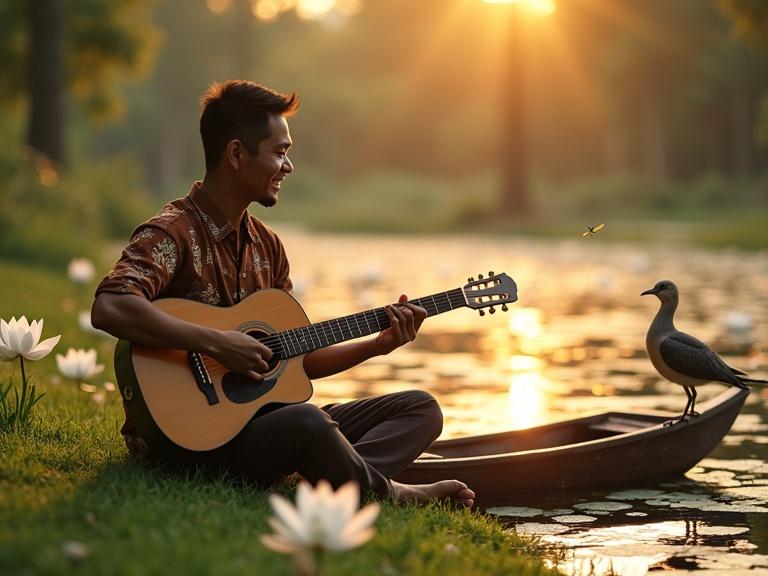 A close-up view of an Indonesian man with a brown batik shirt sitting cross-legged on grass by a pond. He plays an acoustic guitar while smiling. White lotus flowers float on the pond. A bird perches on a wooden boat nearby. The scene has soft lighting from the setting sun. Dragonflies and flower petals are present, creating a romantic and peaceful atmosphere.