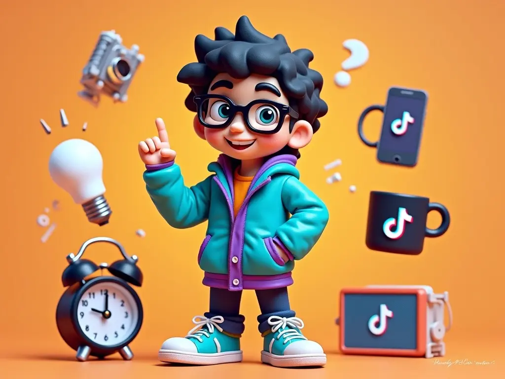 The image features a cartoonish figurine named Kevin, depicted as a young male with dark, curly hair and glasses, wearing a bright blue and teal windbreaker with purple and orange accents. He has a playful expression and is gesturing with one finger raised as if sharing an idea. The background is a package design with a warm, orange color. Surrounding the figurine are various items including a lightbulb, a coffee cup, a phone displaying the TikTok logo, and an alarm clock. The text includes humor about big ideas and delays.