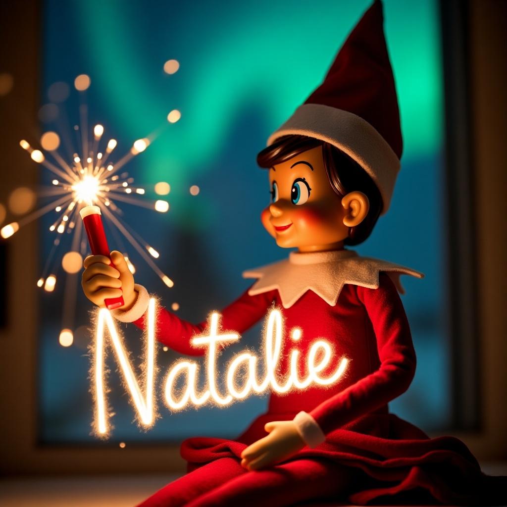 Elf on the shelf character in holiday attire. Elf holding a glow stick forming the name 'Natalie'. The setting includes northern lights. The scene is festive and cheerful.