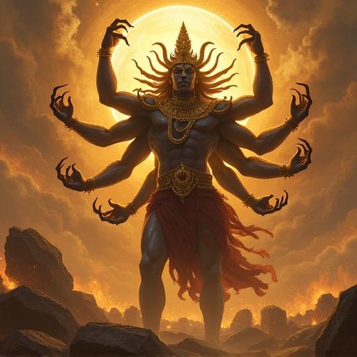 Ravana depicted with ten heads in a dramatic and mythological scene. Powerful demon king taking the golden Pushpak Viman from Kubera. Intense background with glowing sun.