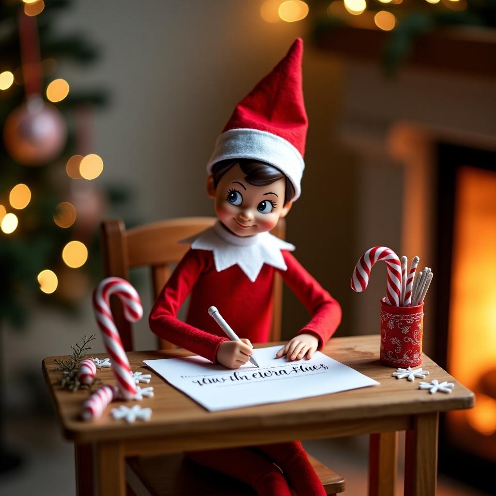 Elf on the Shelf character engaged in writing. Surroundings decorated for Christmas. Candies and seasonal decor on table. Cozy fireplace in background.