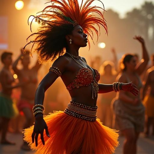 Create an image of a Brazilian woman with a colorful costume dancing during Carnaval.