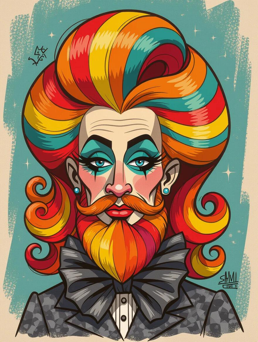 A caricature drawing features an exaggerated hairstyle and beard. The hair showcases large colorful curls in bright shades. A decorative bow adorns a dark fabric collar. The background is solid.