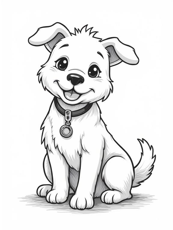 Drawing of a cartoon dog, simple and cute, suitable for children to color. The dog is white with a happy expression, sitting and looking friendly, with a collar and tag.