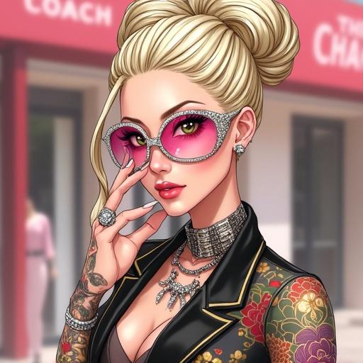 Anime character depicted in modern luxurious Coach store. Woman aged 59 with emerald green eyes. Wearing oversized light pink diamond sunglasses. Elegant light blonde French bun hairstyle. Beautiful face adorned with jewelry. Showcases traditional Japanese tattoos and futuristic elements. Presents edgy hip hop fashion style. Highlights muscular physique and cybernetic features.