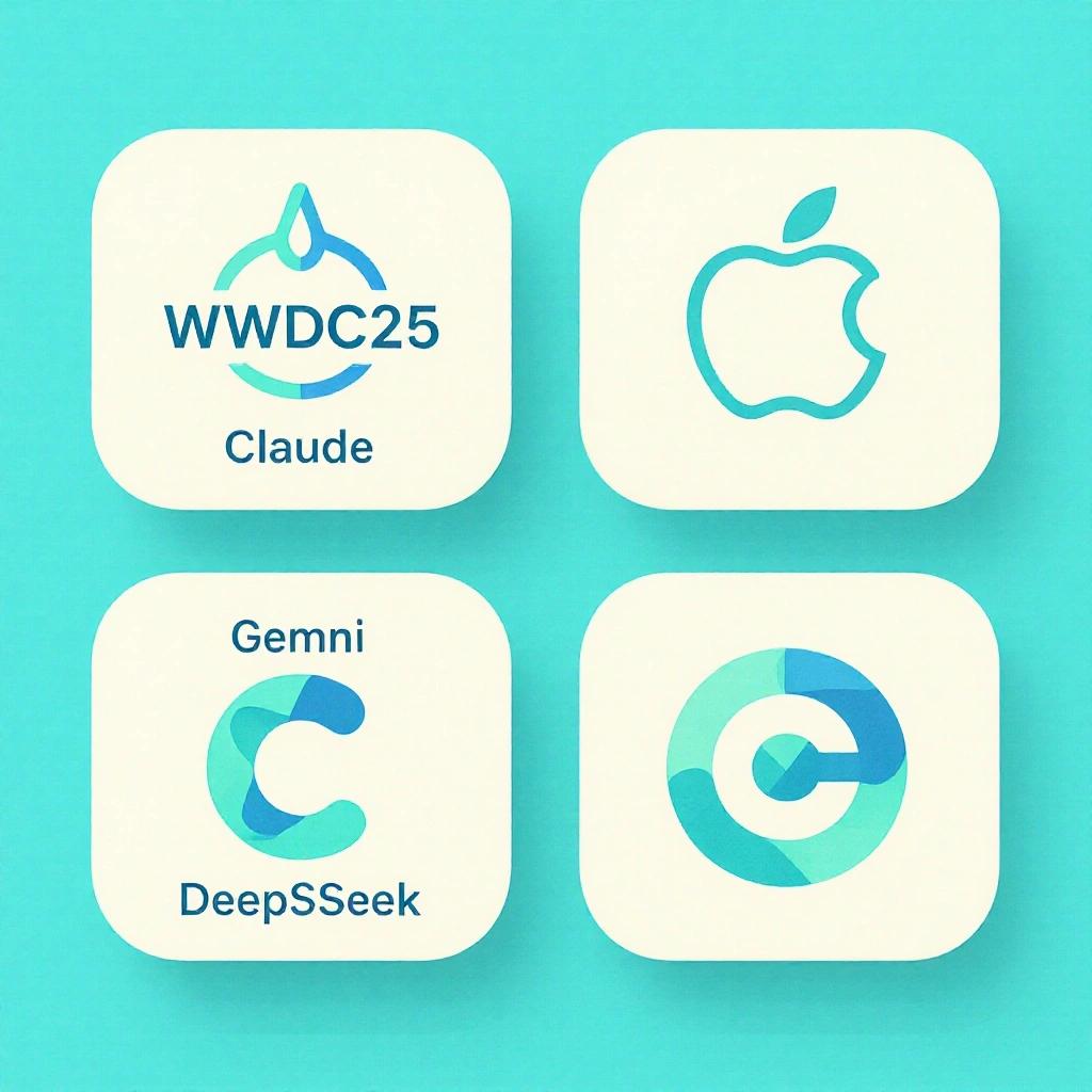 Create a four-square icon layout featuring chatGPT, Claude, DeepSeek, and Gemni. Use a glassmorphism style similar to WWDC25. Change the background color to #EBEBEB.