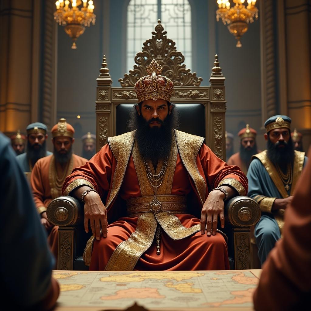 Medieval Indian king named Vikramsingh sits on a grand silver throne. He wears an ornate golden crown and royal robes with intricate embroidery. Expression is stern surrounded by ministers and advisors. The hall is dimly lit with large chandeliers. A table is covered with maps and scrolls.