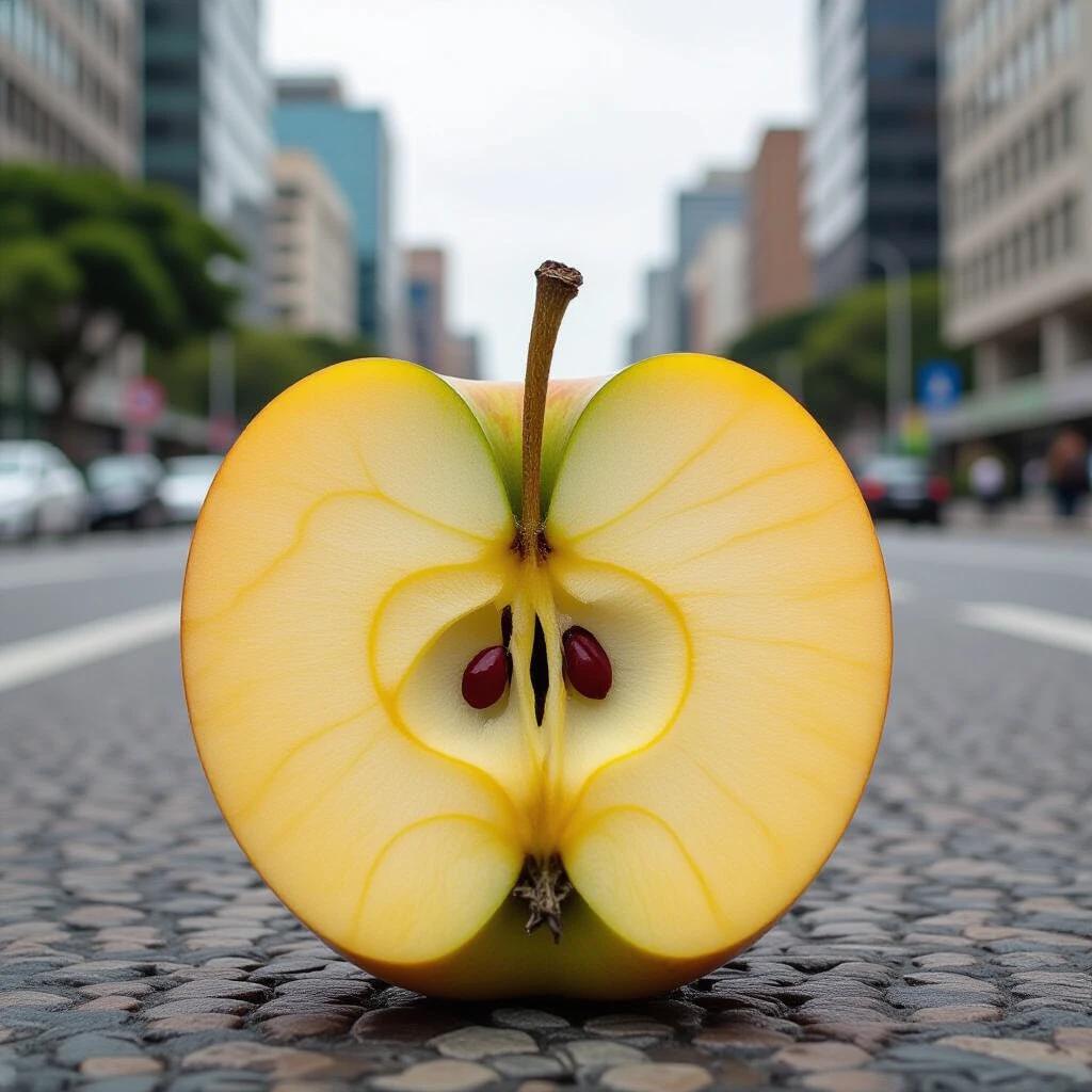 A large apple cut in half in the center of Brasilia. The apple has a vibrant yellow color with distinctive internal patterns. The background shows urban buildings and a paved street. The scene is clear and well-lit, showcasing a unique perspective of the fruit in an urban setting.