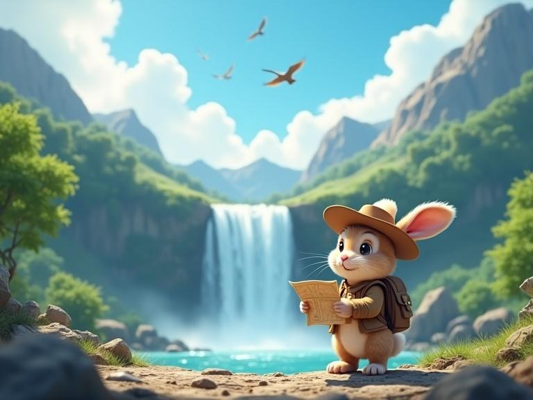 A cute rabbit explorer stands on rocky ground holding a map. The rabbit wears a hat and backpack. A beautiful waterfall is behind with green trees and mountains under a blue sky. Birds are flying. Rabbit looks around curiously planning next move.