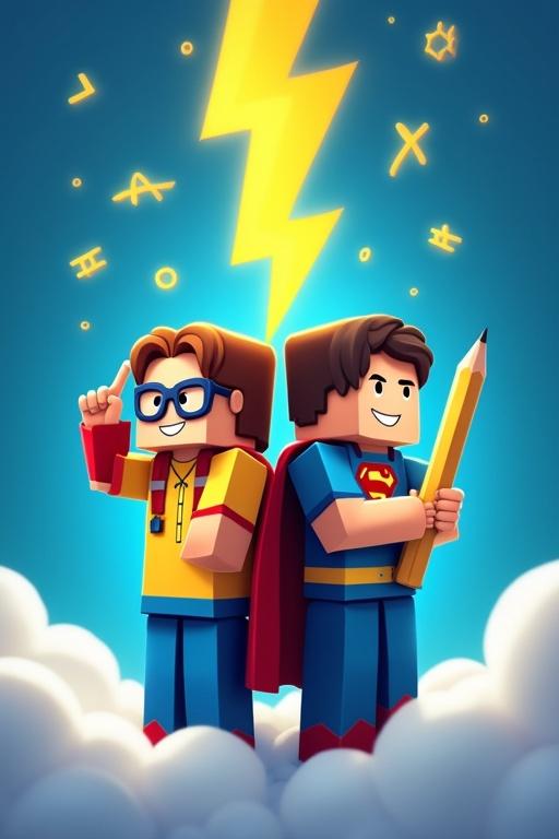 Two Minecraft-style children dressed as superheroes stand back to back. One child wears glasses and holds a pencil. The other child holds a rolled-up test paper. They point to their heads, showing thoughtfulness. A large yellow lightning bolt is above them with floating mathematical symbols. Their lower bodies are surrounded by clouds against a vibrant royal blue background.