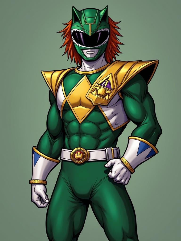 Muscular 16-year-old male character in a superhero costume. Character is 6'2" tall with ivory skin and long messy auburn hair. He has striking emerald green eyes. Outfit is a mix of classic and modern ranger design. Includes elements from Jungle Fury and MMPR. Character stands confidently with a strong pose.